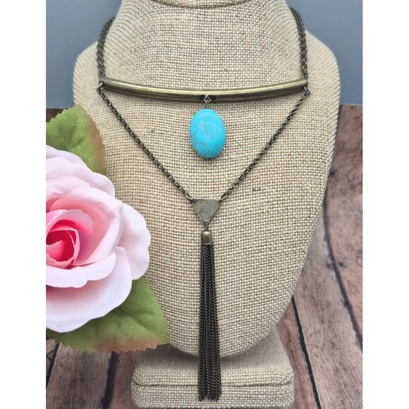 Dark Brushed Gold Tone Statement Collar Necklace Drop Faux Turquoise Western - Picture 3 of 8